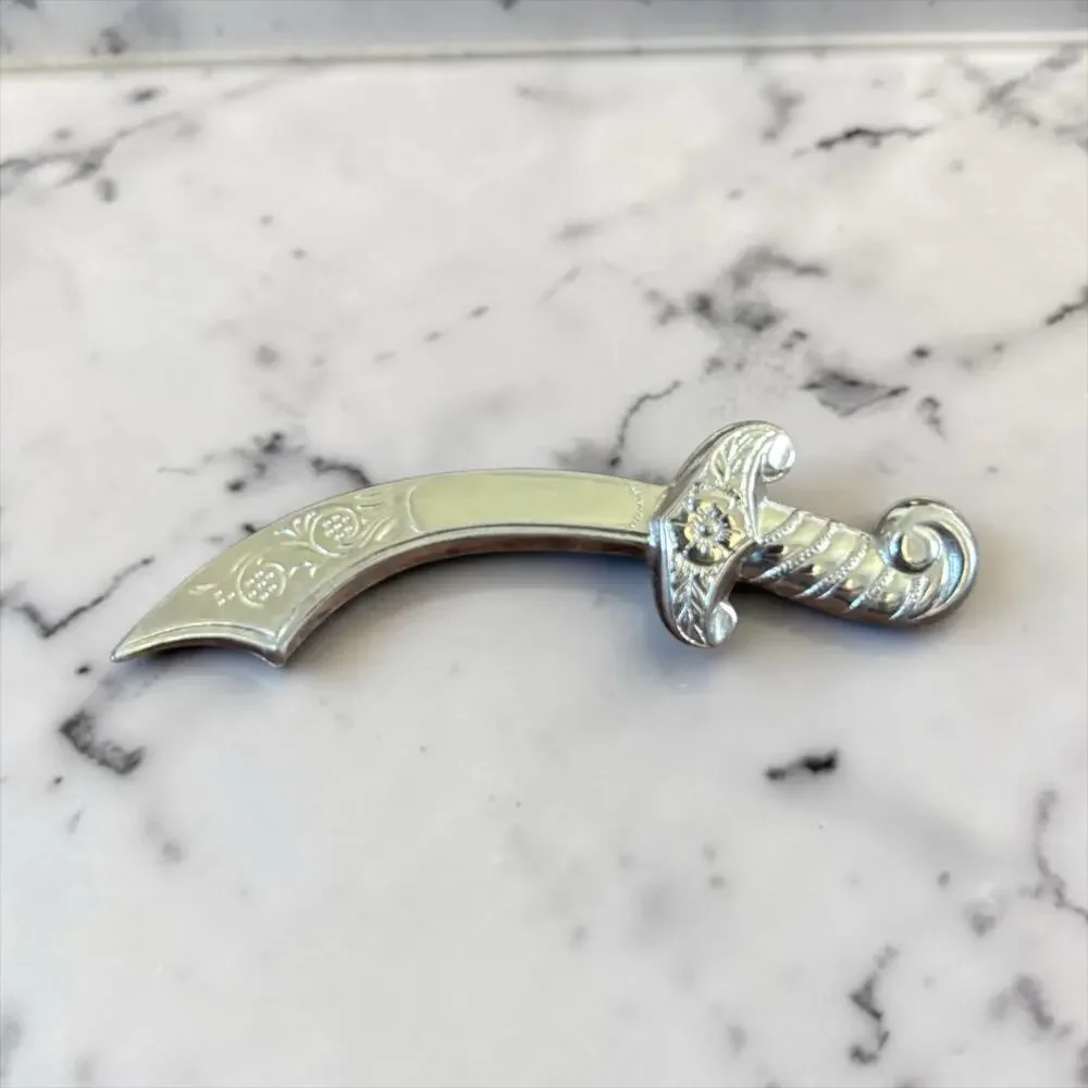 Vintage Silver Tone Scimitar Sword Brooch Curved Saber Costume Pin